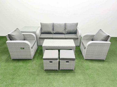 Fimous PE Rattan Garden Furniture Set Reclining Chair Sofa Lounge Sofa Set Rectangular Coffee Table Side Table 2 Small Stools Light Grey