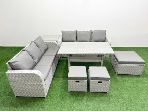 Fimous Outdoor Garden Furniture Sets 9 Seater Wicker Rattan Furniture Sofa Sets with Rectangular Dining Table high Back Lounge Sofa 3 Stools Side Table Light Grey