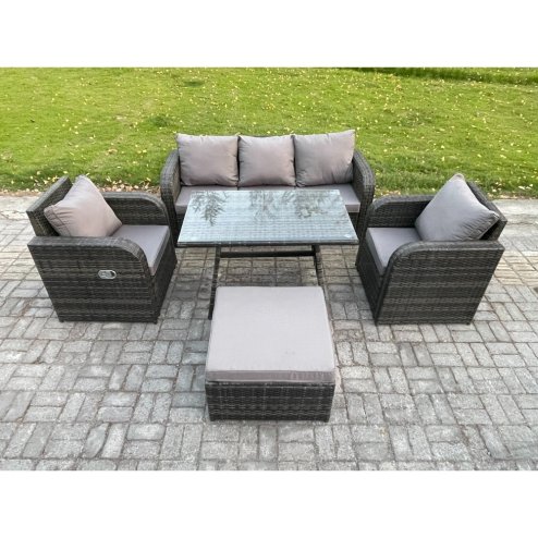 Fimous Rattan Wicker Garden Furniture Patio Conservatory Sofa Set with Rectangular Dining Table Reclining Chair 3 Seater Sofa Big Footstool