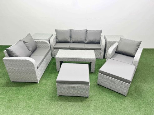Fimous Patio PE Wicker 8 Seater Outdoor Rattan Furniture Sofa Sets with Oblong Coffee Table Reclining Chair Loveseat Sofa 3 Seater Sofa 2 Big Footstools 2 Side Table Light Grey