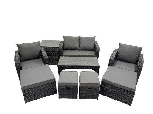 Fimous 3 Seater Sofa Reclining Chair Coffee Table Set Rattan Garden Outdoor Furniture Set with Side Tables 4 Stool Dark Grey Mixed