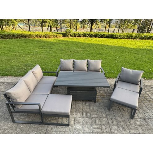 Fimous Aluminium Garden Furniture Sets,9 Seater Outdoor Sofa Dining Set with Adjustable Rising Lifting Dining Table 2 Side Tables 2 Small Footstools for Yard,Poolside, Patio, Dark Grey
