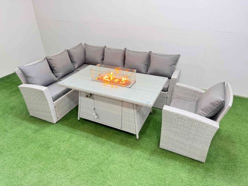 Fimous 7 Seat Rattan Garden Furniture Corner Sofa Set Outdoor Gas Fire Pit Table Sets with Armchair Light Grey