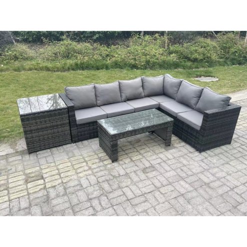 Fimous 6 Seater Rattan Corner Sofa Lounge Sofa Set With Rectangular Coffee Table Side Table Dark Grey Mixed Right Hand