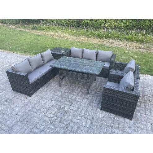 Fimous Outdoor Garden Furniture Rattan Lounge Sofa Set Patio Rectangular Dining Table with 2 Armchair Side Table 8 Seater Dark Grey Mixed