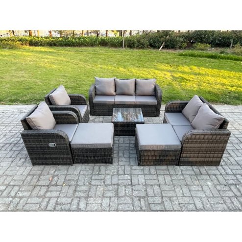 Fimous 9 Seater Outdoor Rattan Garden Furniture Set Conservatory Patio Sofa Coffee Table With 2 Big Footstool Love Sofa Dark Grey Mixed