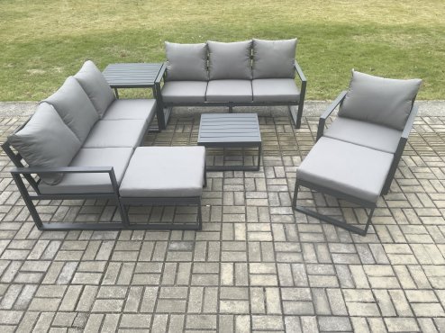Fimous Aluminium Outdoor Lounge Sofa Set Garden Furniture Sets with Square Coffee Table Chair 2 Big Footstools Side Table Dark Grey