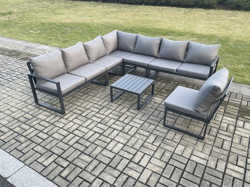 Fimous 8 Seater Patio Outdoor Garden Furniture Aluminium Lounge Corner Sofa Set with Square Coffee Table Dark Grey