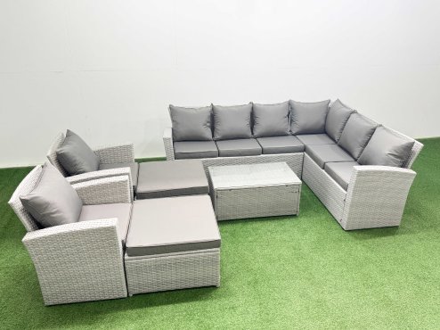 Fimous Garden Outdoor PE Rattan Furniture Set 10 Seater Rattan Garden Sofa Set with 2 Big Footstools Light Grey Mixed