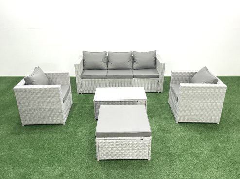 Fimous Rattan Garden Furniture Set with 3 Seater Sofa 2 Chair Rectangular Coffee Table Big Footstool Light Grey Mixed 6 Seater