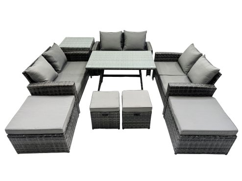 Fimous 10 Seater Wicker PE Rattan Furniture Outdoor Dining Table Double Seat Sofa 4 Stools Side Table Set Dark Grey Mixed