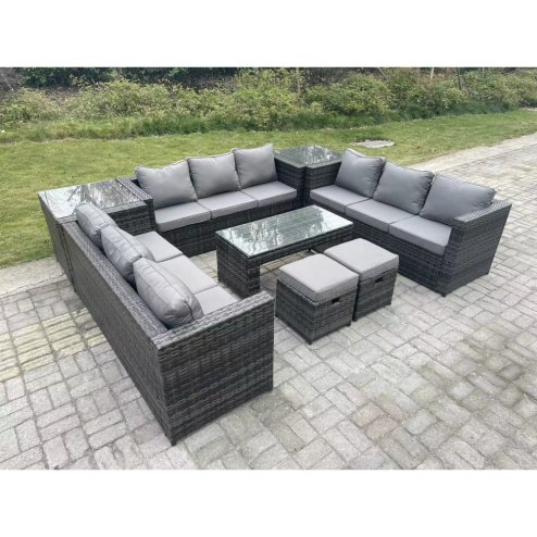 Fimous Outdoor Rattan Garden Furniture Lounge Sofa Set With Oblong Rectagular Coffee Table 2 Stools And 2 Side Table