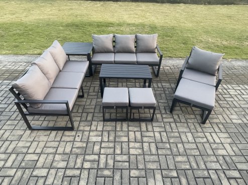 Fimous Aluminium 8 Pieces Garden Furniture Set with Cushions 10 Seater Outdoor Patio Lounge Sofa Set with Armchair 3 Footstools Side Table Dark Grey