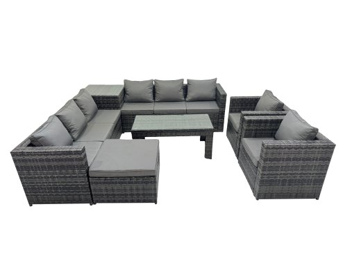 Fimous Garden Rattan Outdoor Furniture Set 9 Seater Patio Corner Sofa Oblong Coffee Table with Chair Big Stool Side Table Dark Grey