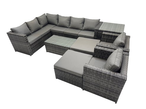 Fimous Outdoor Rattan Rectangular Coffee Table Corner Sofa Sets Garden Furniture Set with 2 Chairs 2 Big Stools Side Table Dark Grey Mixed