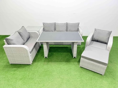Fimous Rattan Outdoor Table Reclining Chair Sofa Set with Side Table Big Stool Light Grey 7 Seater