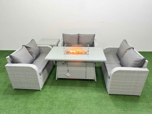 Fimous 6 Seater PE Wicker Rattan Furniture Sofa Sets with Firepit Dining Table 2 Seater Love Sofa Side Table Light Grey
