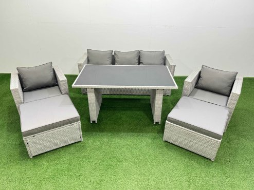 Fimous Patio Garden Furniture Sets with Black Glass Top Dining Table Armchair 3 Seater Sofa 2 Big Stool Light Grey