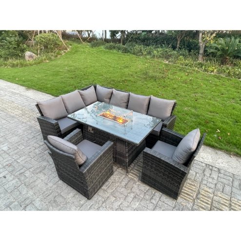 Fimous Outdoor Rattan Corner Sofa Garden Furniture High Back Sofa Set Gas Fire Pit Dining Table Gas Heater Burner 2 Arm Chair 8 Seater