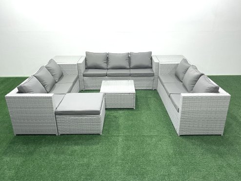 Fimous Rattan Garden Outdoor Furniture Set 10 Seater Rattan Garden Sofa Set with Big Footstool 2 Side Tables Light Grey Mixed
