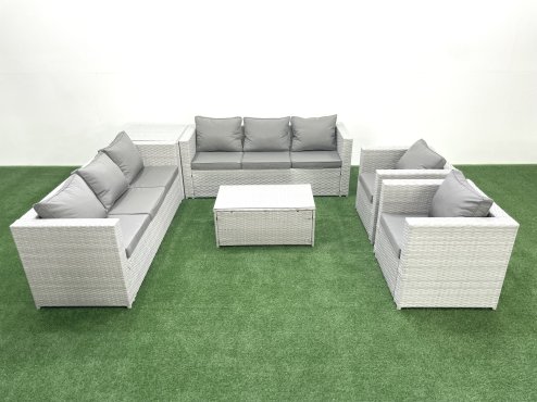 Fimous Outdoor Rattan Sofa Garden Furniture Set with 2 Armchairs Oblong Coffee Table Side Table Light Grey Mixed