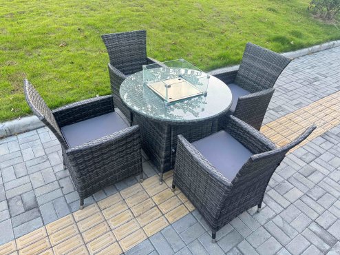 Fimous 5-Piece PE Rattan Garden Furniture with Medium Round Gas Firepit Table and 4 Chairs for Patio Dark Grey Mixed