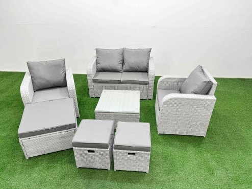 Fimous Light Grey PE Wicker Rattan Garden Furniture Set Sofa Set Reclining Adjustable Chair Square Coffee Table 7 Seater 3 Stools