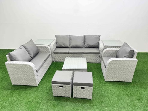 Fimous Patio PE Wicker 8 Seater Outdoor Rattan Furniture Sofa Sets with Square Coffee Table Reclining Chair Loveseat Sofa 3 Seater Sofa Stool 2 Side Table Light Grey