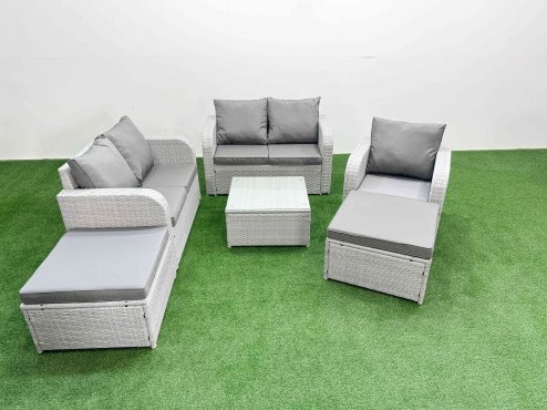 Fimous High Back Poly Rattan Garden Furniture Set with Reclining Chair Loveseat Sofa Square Coffee Table Indoor Outdoor Patio Set 2 Big Stool Light Grey Image