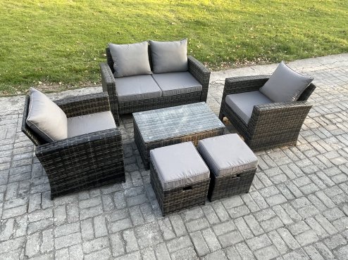 Fimous 6 Seater Outdoor Lounge Sofa Set Wicker PE Rattan Garden Furniture Set with Rectangular Coffee Table Double Seat Sofa 2 Small Footstools Dark Grey Mixed