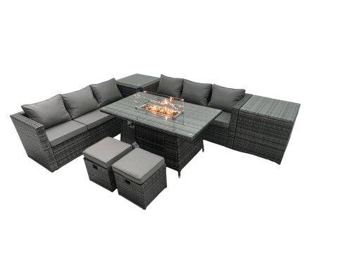 Fimous Rattan Garden Furniture Firepit Dining Set 8 Seater Lounge Sofa Table Set with 2 Small Footstools