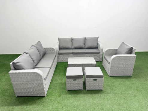 Fimous 9 Seater Poly Rattan Outdoor Garden Furniture Sofa Set Patio 3 Seater Sofa Reclining Chair 3 Seater Sofa Stools Light Grey Image