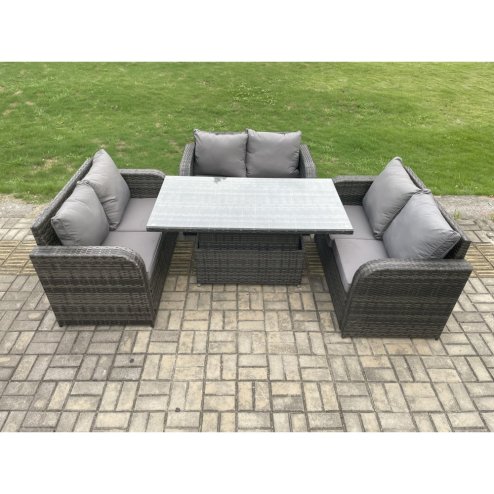 Fimous Rattan Garden Outdoor Furniture 3 PC Love Sofa Set Patio Adjustable Rising lifting Dining Table Dark Grey Mixed