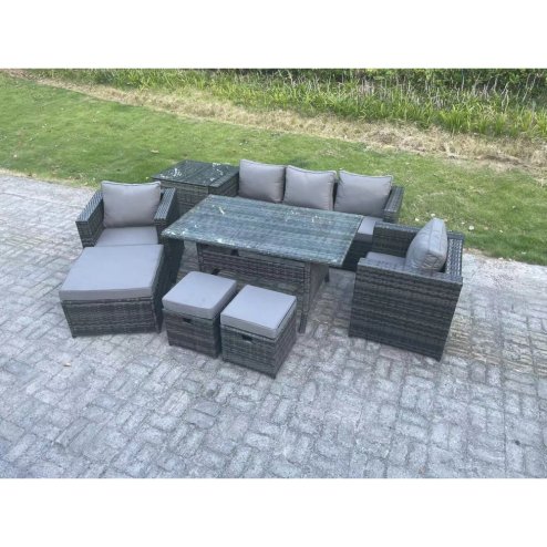 Fimous 8 Seater Outdoor Garden Furniture Set Patio Rattan Rectangular Dining Table Lounge Sofa Chair with Side Table Big Footstool 2 Small Stools Dark Grey Mixed