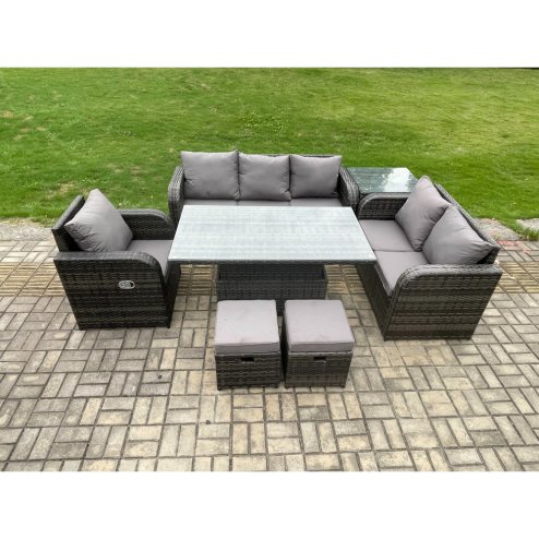 Fimous Outdoor Rattan Furniture Garden Dining Set Patio Height Adjustable Rising lifting Table Reclining Chair Sofa With Side Table 2 Small Footstools Dark Grey Mixed