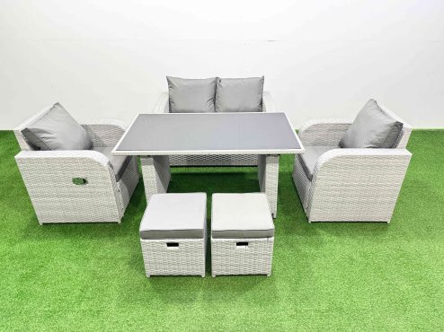 Fimous Outdoor Rattan Garden Furniture Dining Set 6-seater Patio Rectangular Table Love Sofa Reclining Chair Set with 2 Small Stools