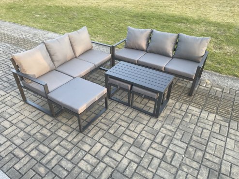 Fimous Aluminium Patio Outdoor Garden Furniture Lounge Sofa Set with Oblong Coffee Table 3 Footstools Dark Grey