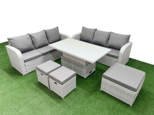 Fimous Outdoor Garden Furniture Sets 9 Seater Wicker Rattan Furniture Sofa Sets with Adjustable Lifting Dining or Coffee Table high Back Lounge Sofa 3 Stools Light Grey