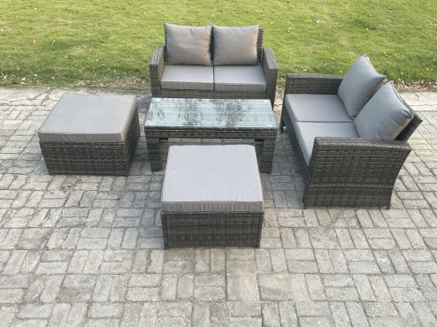 Fimous 5 Pieces Garden Furniture Sets Poly Rattan Outdoor Patio Furniture PE Wicker Furniture Set with 2 Big Footstool Loveseat and Table for Garden Backyard Dark Grey Mixed
