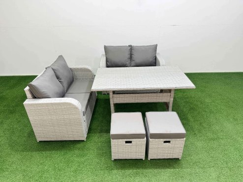 Fimous 6 Seater Outdoor Love Sofa Set Rattan Garden Furniture Set with Rectangular Dining Table 2 Small Stools Light Grey
