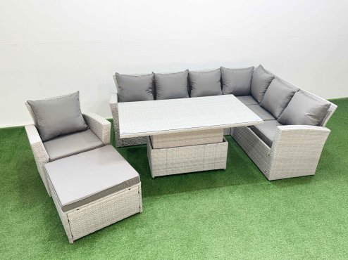 Fimous 8 Seat Rattan Garden Furniture Corner Sofa Set Outdoor Adjustable Lifting Dining or Coffee Table Set with Footstool Light Grey