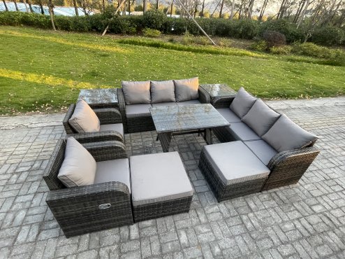 Fimous Outdoor Lounge Sofa Set Wicker PE Rattan Garden Furniture Set with Rectangular Dining Table 2 Side Tables 2 Big Footstool Dark Grey Mixed