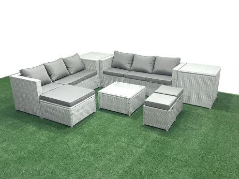 Fimous Rattan Garden Outdoor Furniture Set 9 Seater Rattan Garden Sofa Set with 3 Footstools 2 Side Tables Light Grey Mixed