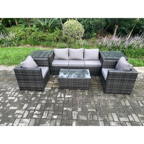 Fimous Rattan Garden Furniture Set with 3 Seater Sofa Coffee Table 2 Side Tables 2 Armchairs Indoor Outdoor Patio Lounge Sofa Set Dark Grey Mixed