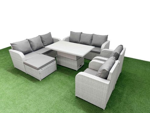 Fimous PE Rattan High Back Lounge Sofa Set Patio Adjustable Lifting Dining or Coffee Table & Chairs Set with 3 Seater Sofa Reclining Chair Big Footstool Light Grey