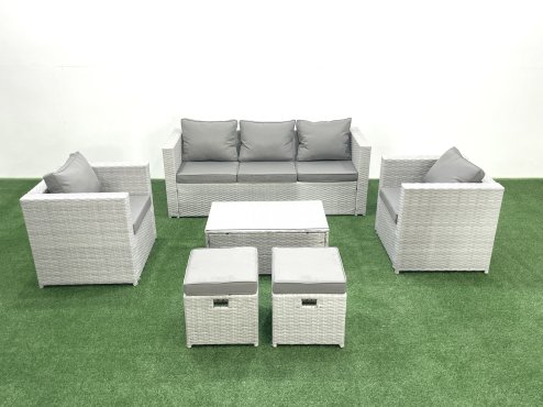 Fimous Rattan Garden Furniture Set with 3 Seater Sofa 2 Chair Rectangular Coffee Table 2 Small Footstools Light Grey Mixed 7 Seater