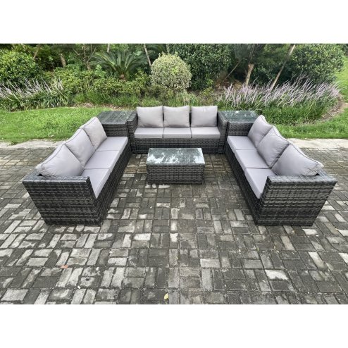 Fimous 9 Seater Outdoor Lounge Sofa Set Wicker PE Rattan Garden Furniture Set with Oblong Coffee Table 2 Side Tables Dark Grey Mixed