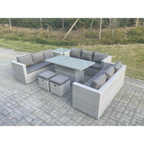 Fimous U Shape Lounge Rattan Garden Furniture Set Adjustable Rising Lifting Table Dining Set With Side Coffee Tea Table Stool