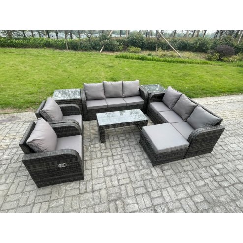 Fimous 9 Seater Wicker PE Rattan Sofa Set Outdoor Patio Garden Furniture with 2 Reclining Chairs Coffee Table 2 Side Tables Big Footstool Dark Grey Mixed
