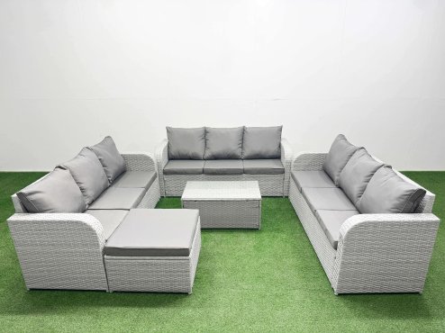 Fimous PE Rattan Lounge Sofa Set 10 Seater Outdoor Garden Furniture Set with Rectangular Coffee Table 3 Seater Sofa Big Footstool Light Grey Image